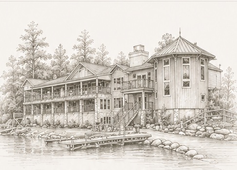 Illustration of Rock Island Lake Club beside the lake
